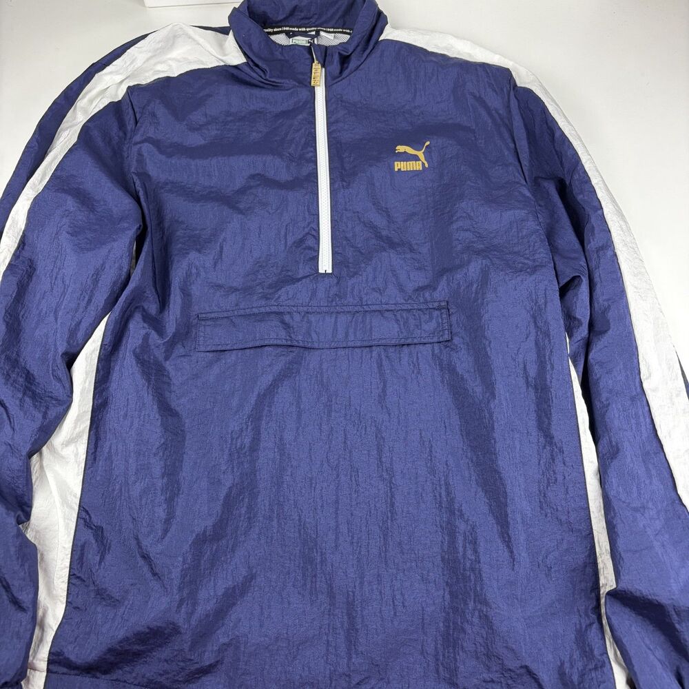 Puma Mens XXL Blue White Nylon Windbreaker Half Zip Pullover Jacket 574979-06